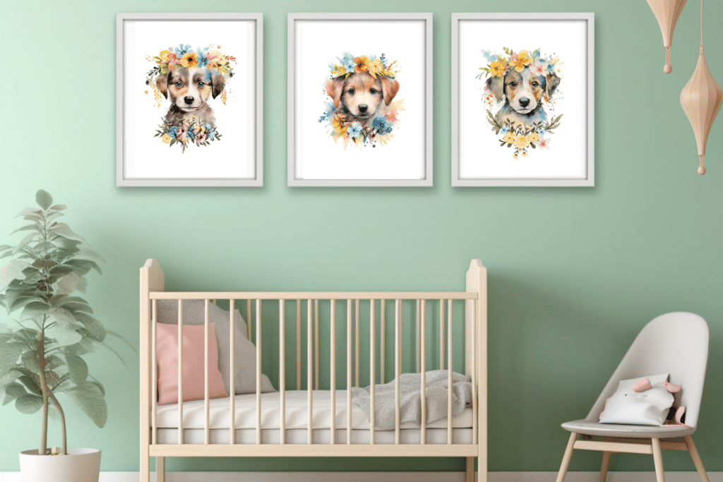 Dog theme ideas for nursery artwork watercolor set of 3