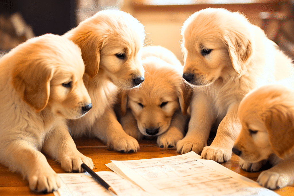 golden retriever puppies working on a free printable dog word search