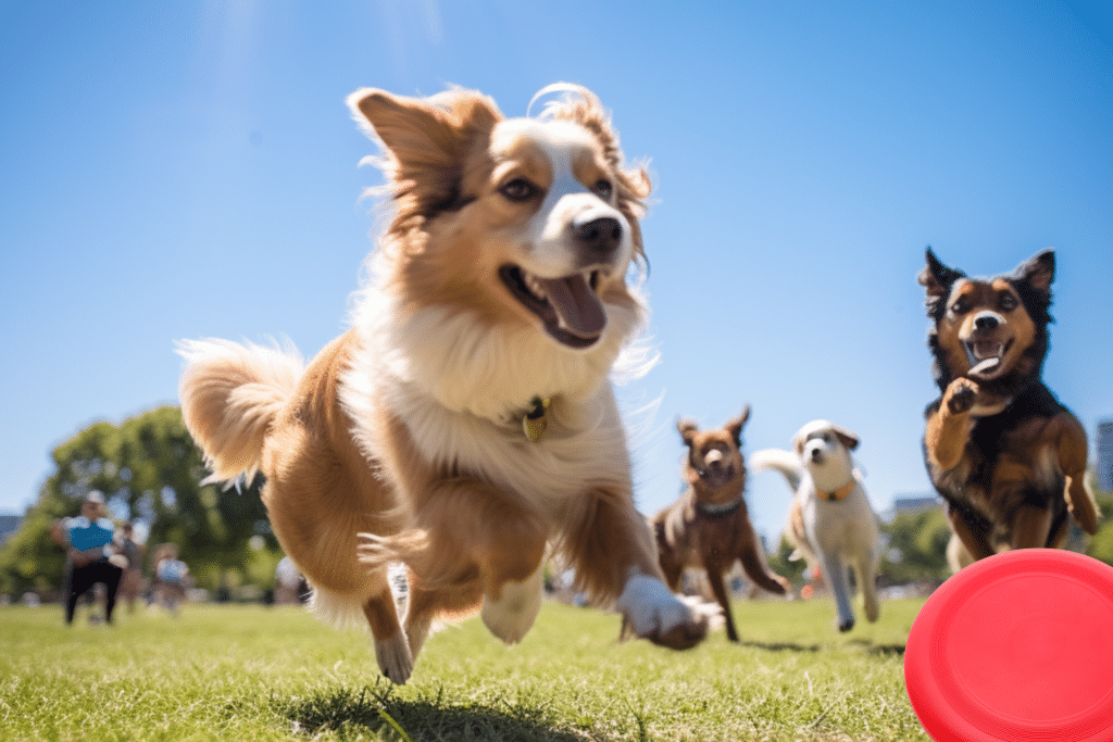 group of different dog breeds for playing Frisbee