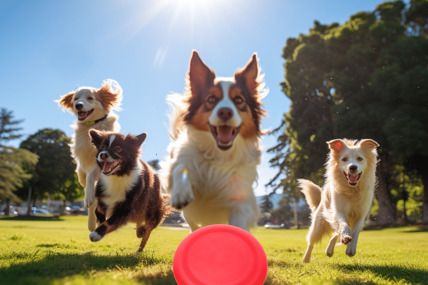 group of dogs chase a Frisbee while playing at a dog park