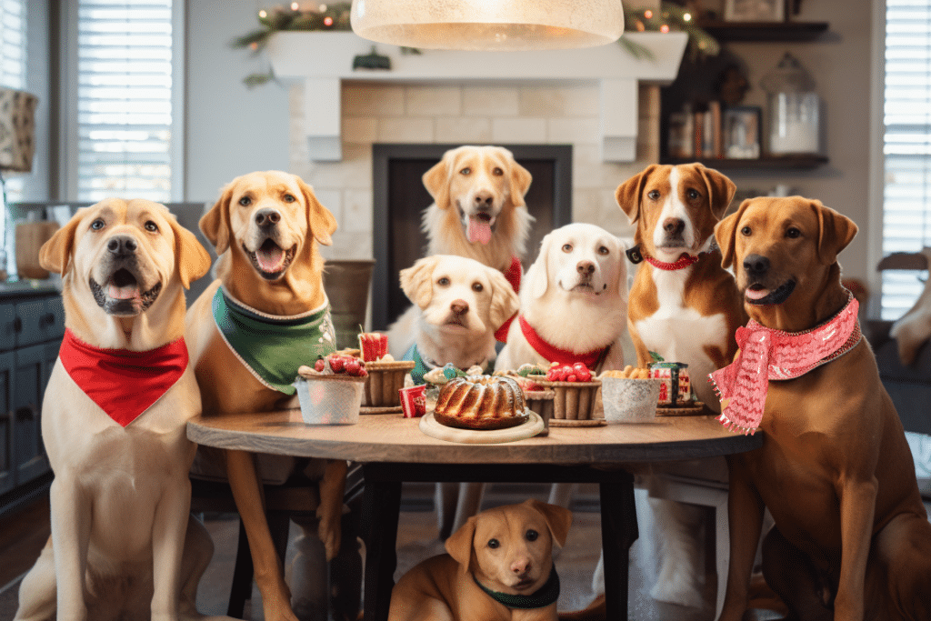 Group of Dogs in the Kitchen Wearing Best Christmas dog collars