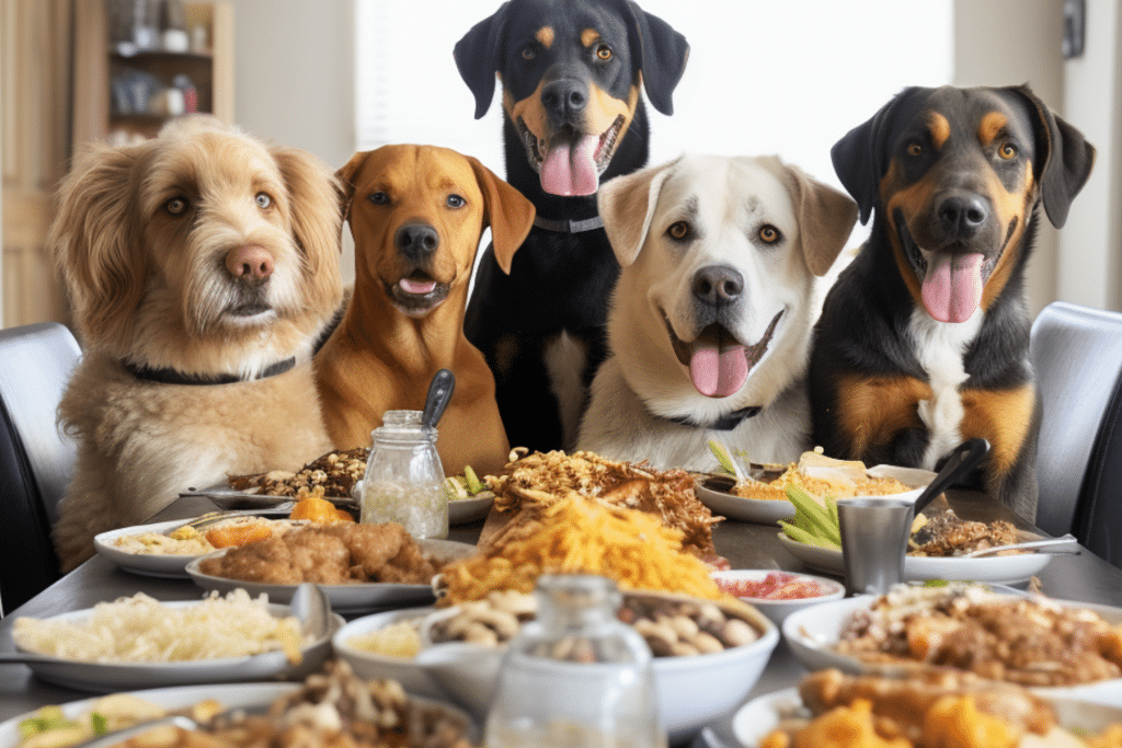 adorable thanksgiving dogs needing names at the dinner table
