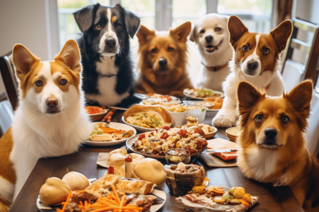 group of cute thanksgiving dogs needing names at the table