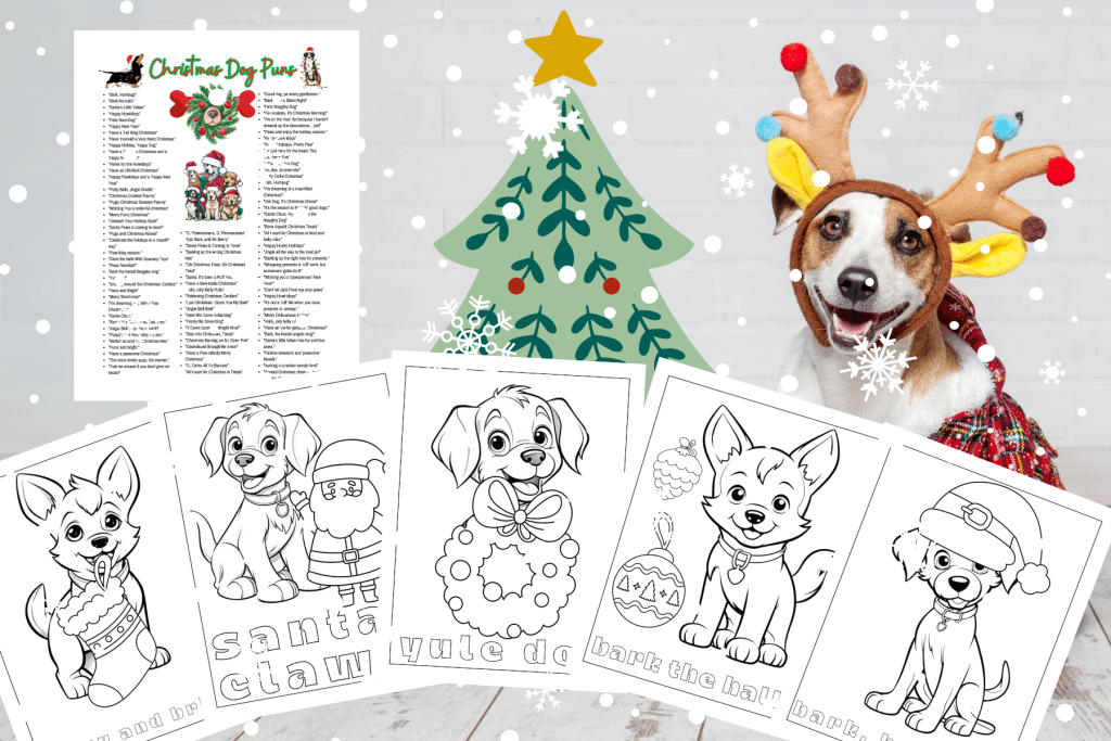 christmas Dog Puns and coloring pages