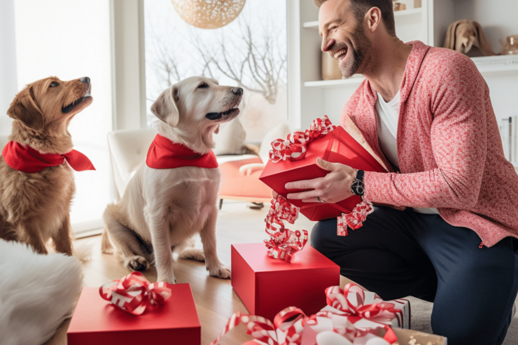 Valentine’s Day Gifts for Dog Lovers opening gifts with dogs
