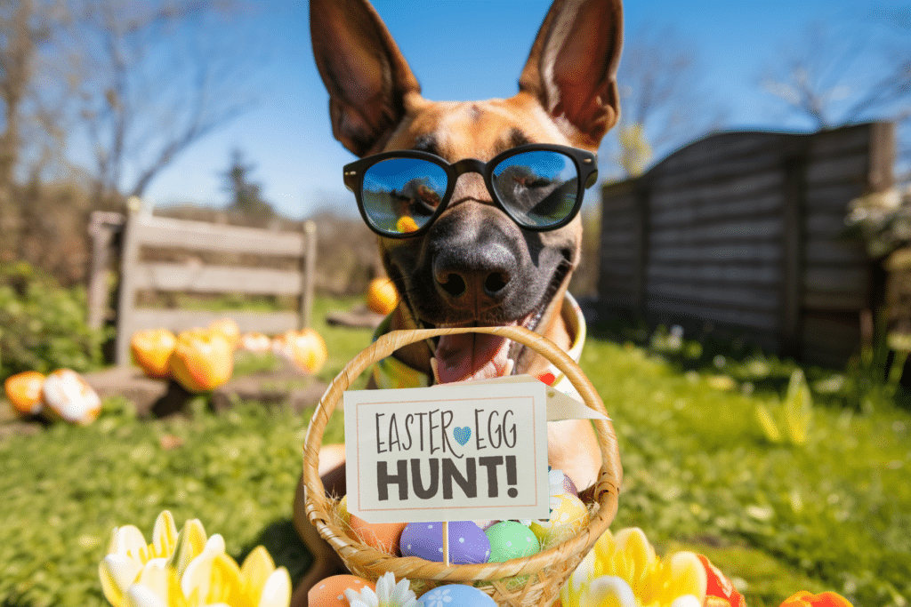 Easter outfits for dogs enjoying a basket of goodies