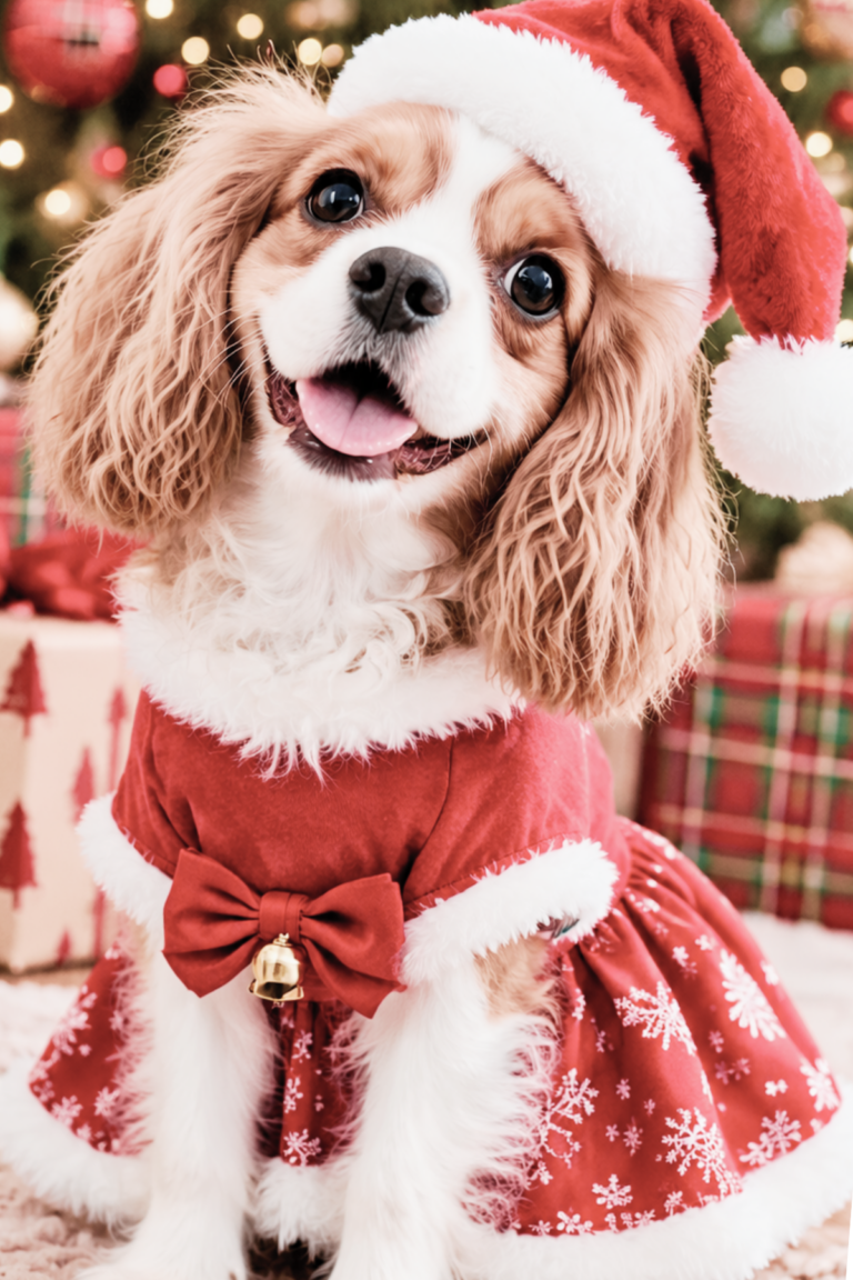 King Charles Spaniel Wearing a Christmas Outfit Next to a Christmas Tree and Gifts