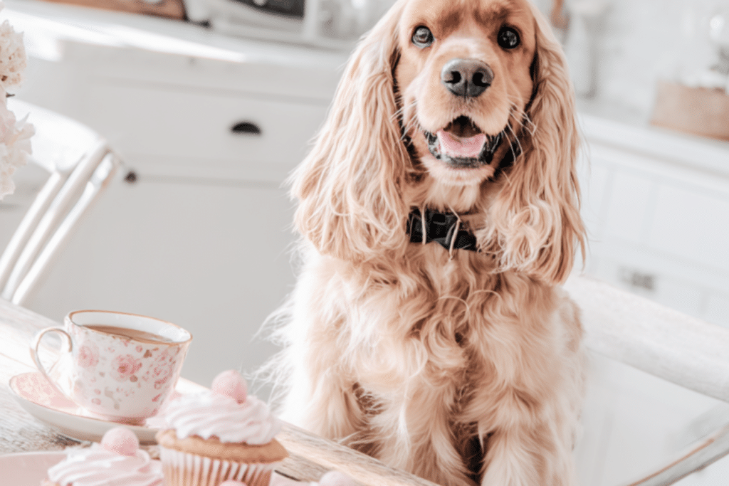 a cocker spaniel sitting at a table with a cupcake
