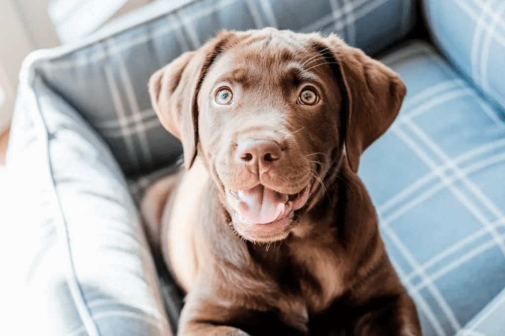 brown lab sitting in a bed by a window