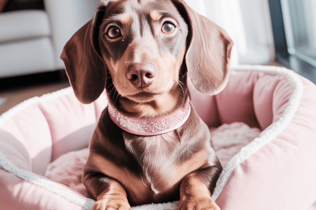 dachshund sitting in pink bed