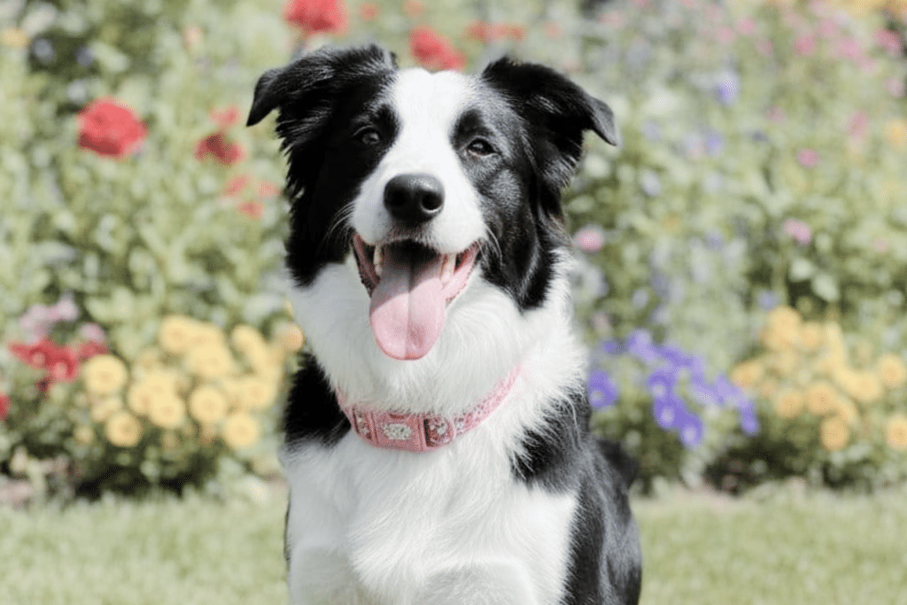 Black and White Dog Sitting in the Backyard on a sunny day