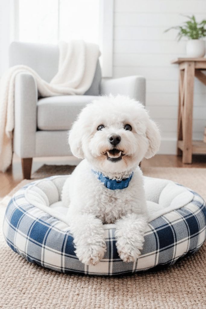 white dog relaxing in plaid dog bed in living room