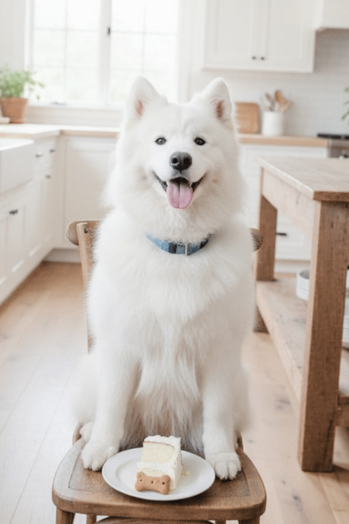 white dog sitting in kitchen in front of cake