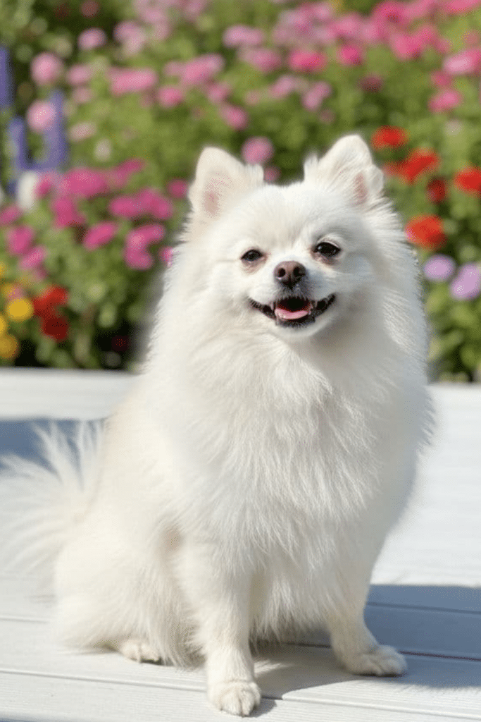 white dog sitting on a deck in the sunshine