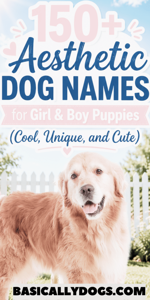Happy Golden Retriever puppy with text overlay "150+ Aesthetic Dog Names for Girl & Boy Puppies
