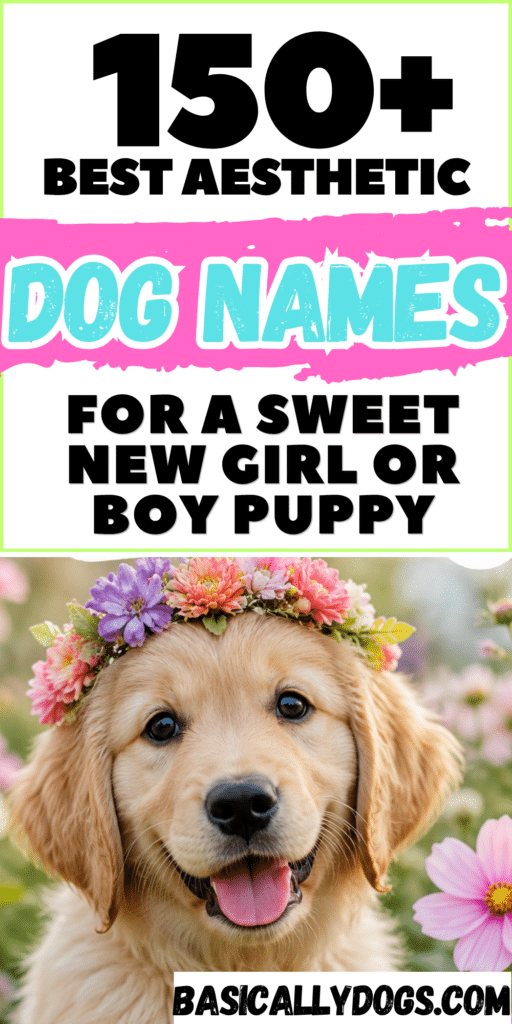 Happy new Golden Retriever puppy with text overlay "150+ Aesthetic Dog Names for Girl & Boy Puppies