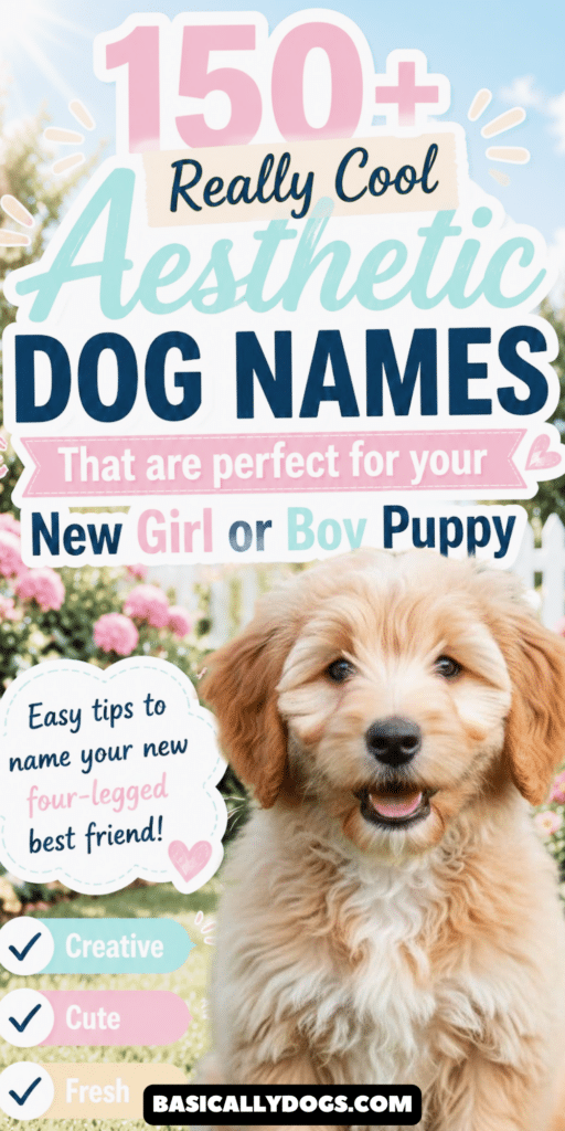 Happy Golden Retriever with text overlay "150+ Aesthetic Dog Names for Girl & Boy Puppies
