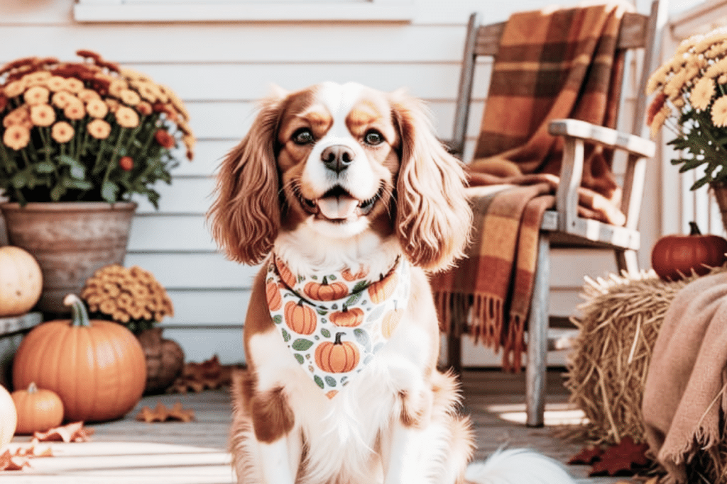 A King Charles Spaniel Dog sitting on the front porch wearing a cute fall dog bandana