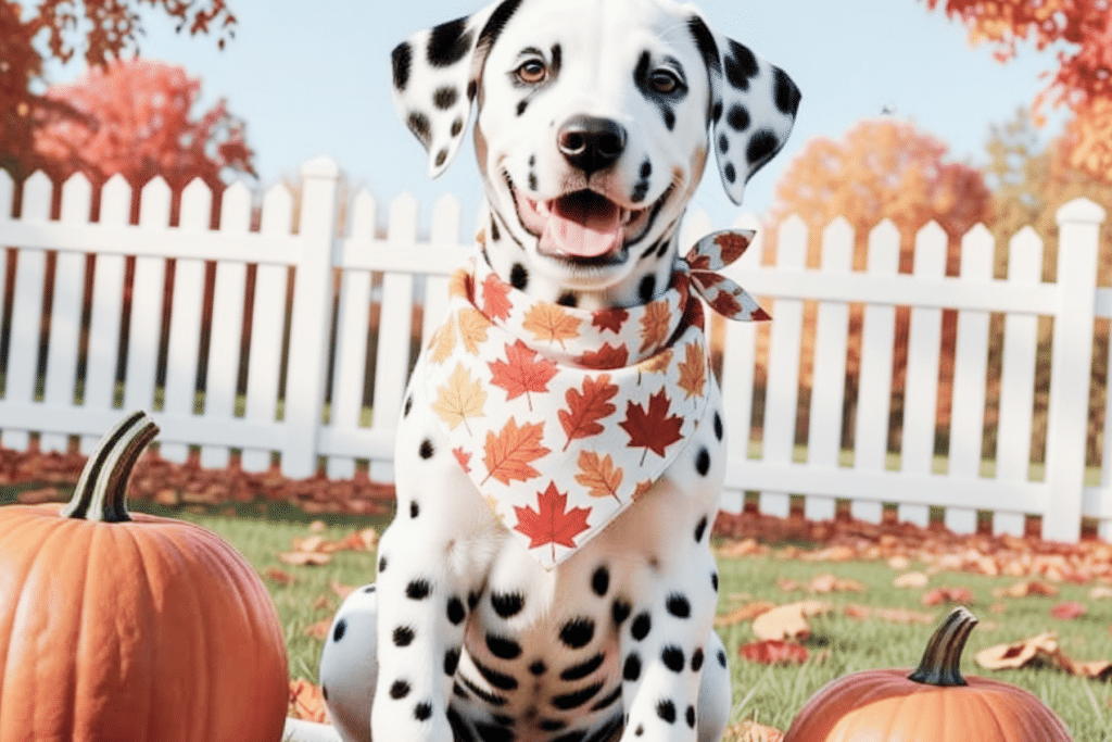 A dalmatian puppy posing for a fall photo session wearing a cute fall dog bandana with autumn leaves
