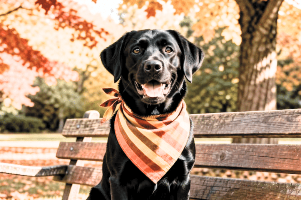 A happy black Labrador sitting on a park bench in fall wearing cute fall dog bandanas
