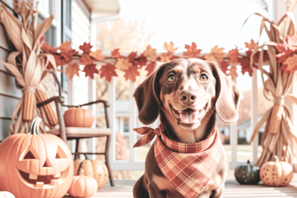 a dachshund sitting on the front porch posing for a fall dog photoshoot