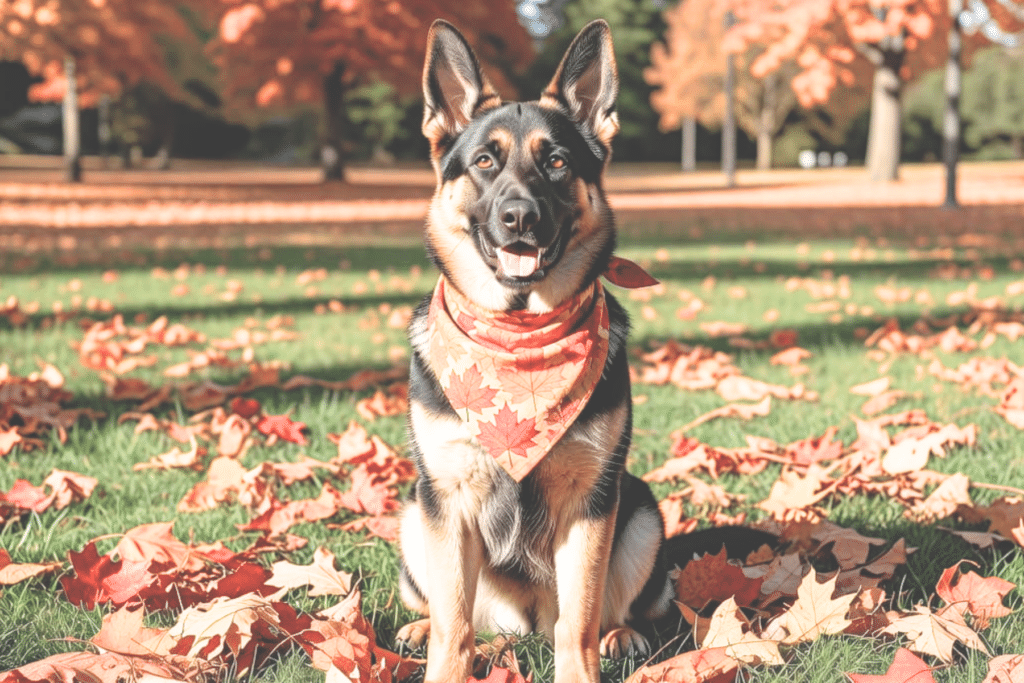 a german shepherd sitting in some leaves in a park at a fall dog photoshoot