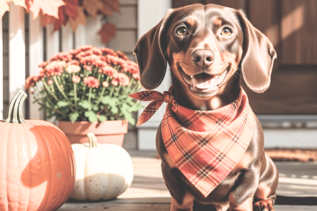 a happy Dachshund sitting on the front porch at home for a fall dog photoshoot with mums and a fall bandana