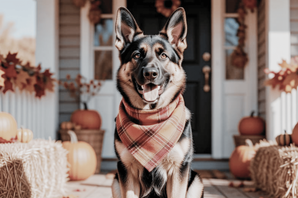 a happy German shepherd dog sitting on the porch wearing cute dog bandanas in the fall for a dog photoshoot in autumn