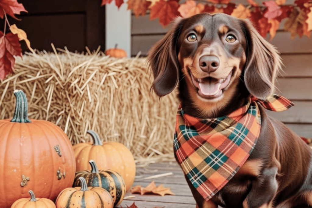 a happy dalmatian puppy dressed in cute fall dog bandanas posing for an autumn dog photoshoot
