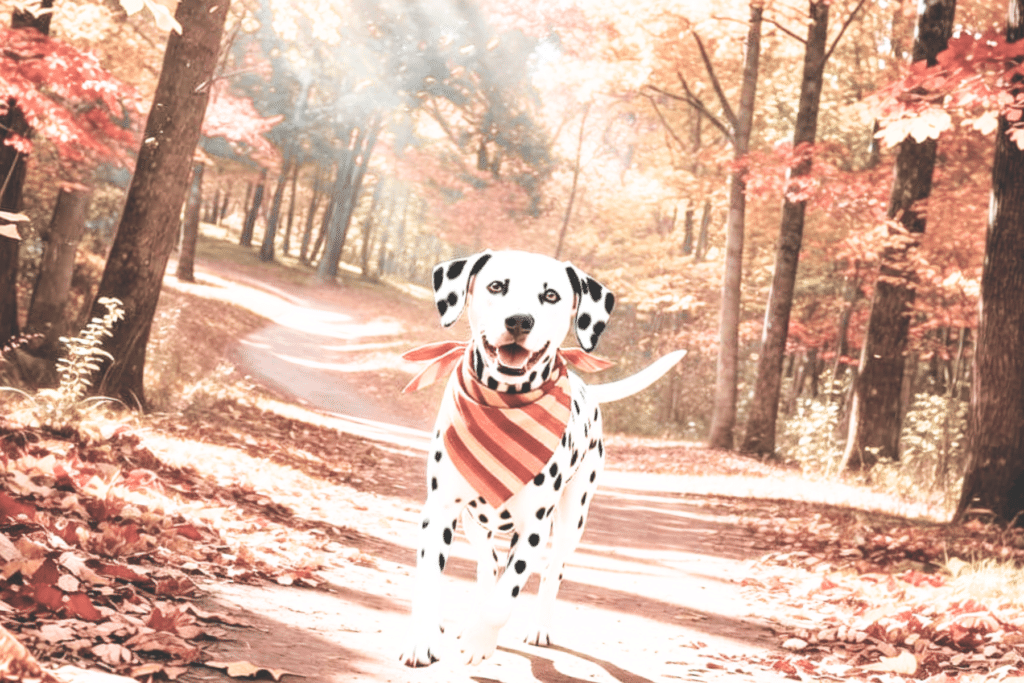 a happy dalmation running in the woods during a fall dog photoshoot