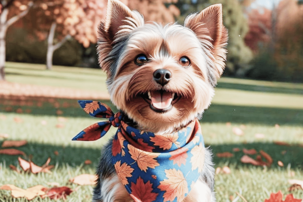a happy yorkie dog wearing cute fall dog bandanas during a fall photoshoot in the park on an autumn day