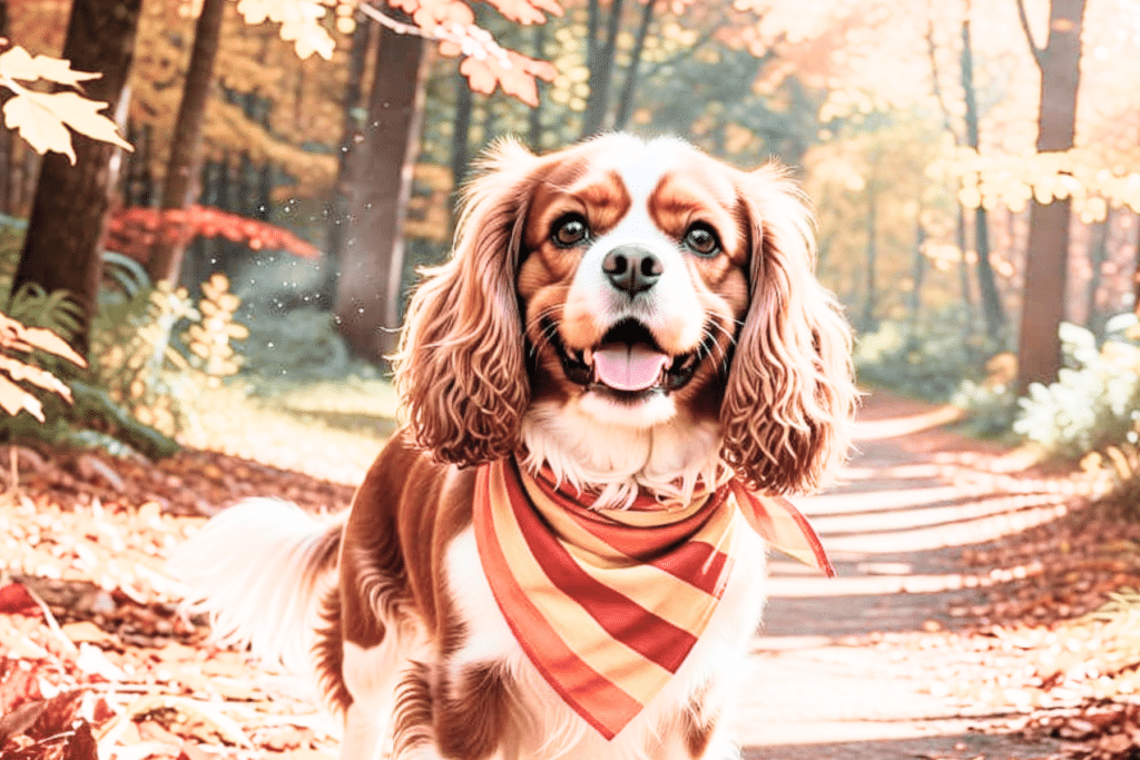 a king charles spaniel on a fall dog photoshoot playing in the woods