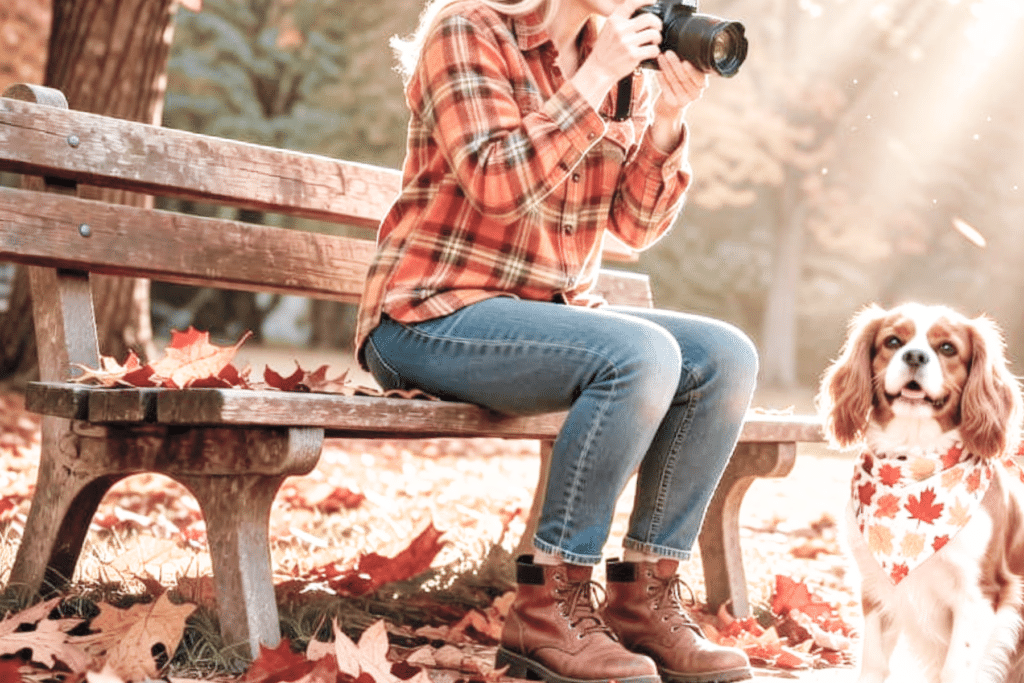 a king charles spaniel posing for a fall dog photoshoot in the park with a dog mom holding a camera