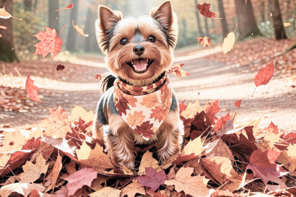a yorkie dog playing in leaves during a fall dog photoshoot in the park
